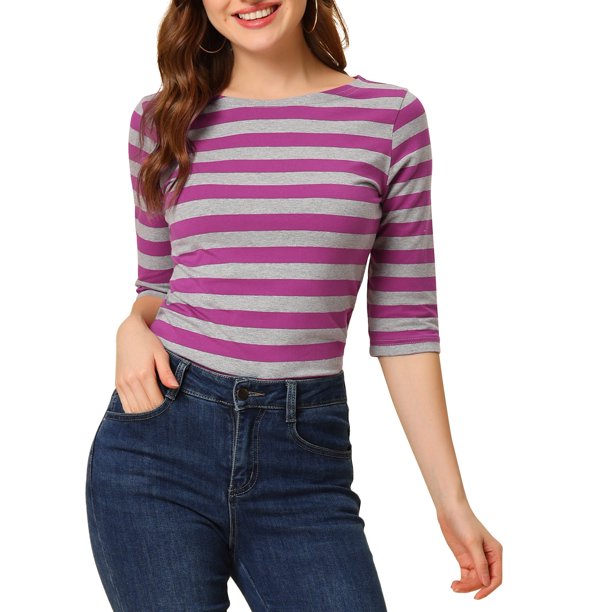 INSPIRE CHIC Camisetas a Rayas de Regreso a Clases para Mujer Ajuste Ceñido Mangas al Codo Cuello de Barco T-Shirt S Rojo Rosado