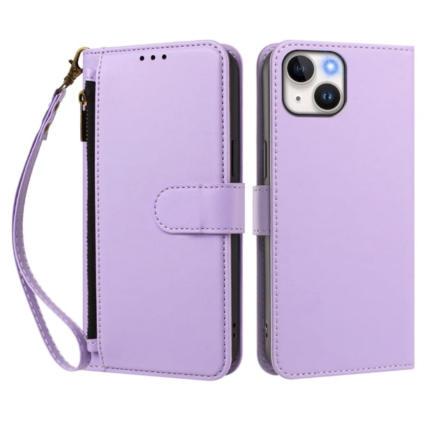 Funda Tipo Billetera para iphone14 con Soporte y Bolsillo con Cierre Morado