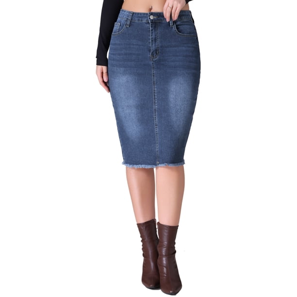 Faldas de Jean para Mujer INSPIRE CHIC Vuelta a la Escuela Dobladillo Sin Rematar de Talle Alto con Bolsillos Falda Vaquera de Largo Medio Azul Oscuro M