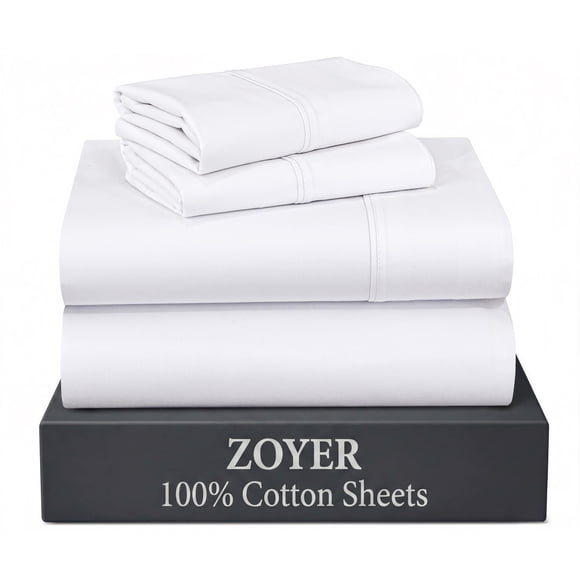 Juego de sábanas ZOYER King 100% algodón percal blanco