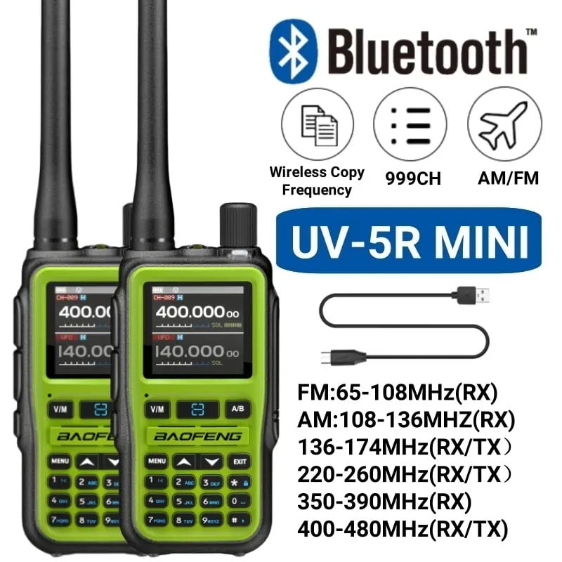Baofeng Uv 5r Mini Ham Radio Multi-bandas Walkie Talkies Programación Inalámbrica 999ch Banda De Aire Radio De Dos Vías Noaa Policía Que Recibe Verde (2pcs)