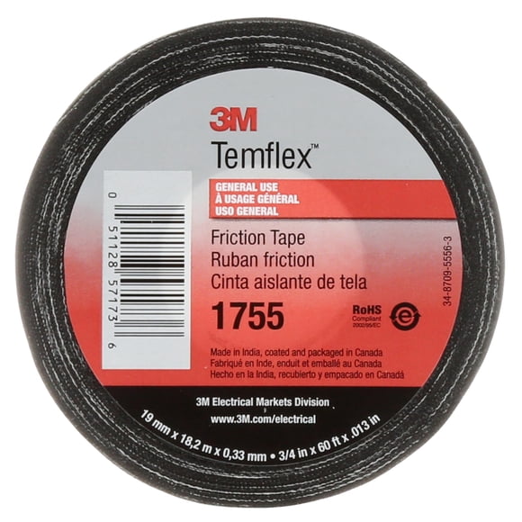 Cinta de fricción 3M Temflex 1755 de algodón, 19 mm x 18 m, color negro, 1 rollo