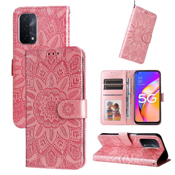 Funda tipo cartera FOXDOCK para OPPO A54 5G , diseño girasol en relieve, cuero PU, cierre magnético, soporte y tarjetero