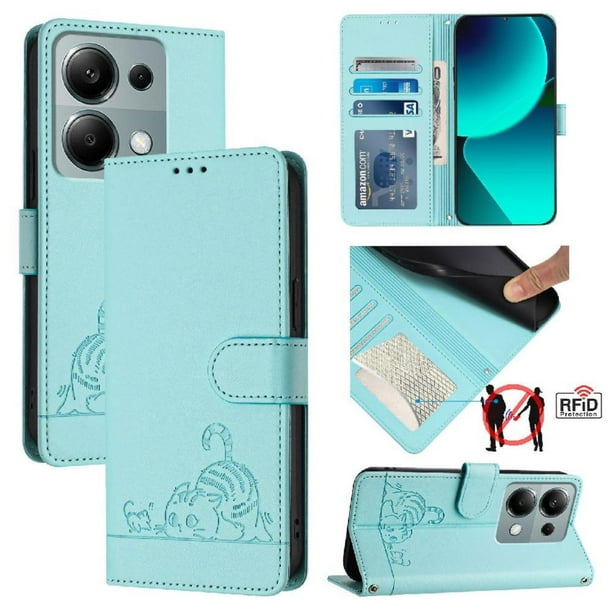 Funda tipo cartera FOXDOCK para Xiaomi Redmi Note 13 Pro 4G con soporte, ranuras, RFID, diseño de gato