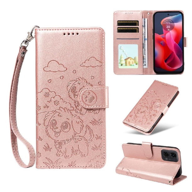 Funda Cartera para Motorola Moto E14 Perro Cachorro Grabado con Tarjetas Soporte Correa Rosa