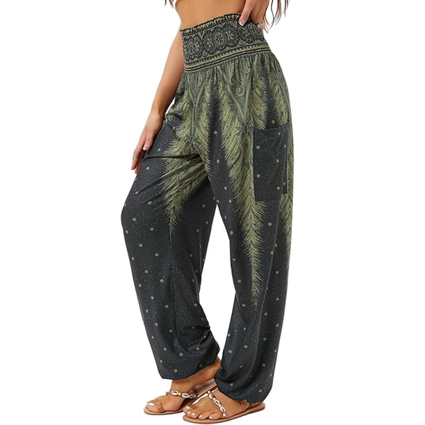Pantalones de mujer, pantalones de yoga bohemios de cintura alta con bolsillos lavables a máquina