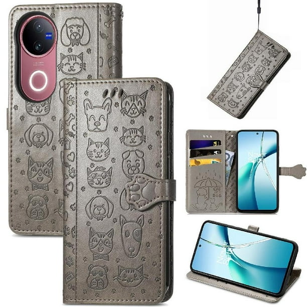 Funda Cartera FOXDOCK para Vivo V50 5G , Flip PU con Relieve de Gatos y Perros, Tarjetero y Soporte