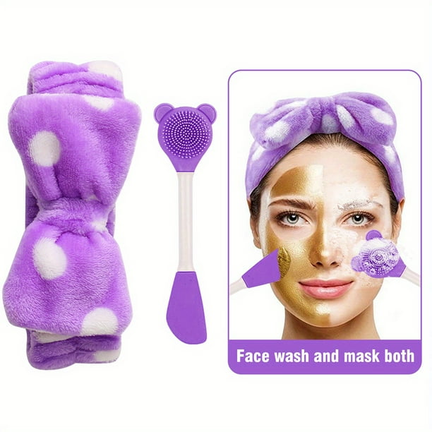 2Pcs Face Cleansing Set, 1pc Double-Ended Multifunction Cartoon Bear Design Silicone Facial Cleansing Brush & 1pc Coral Fleece Soft Bow Decor Hair Band, For Blackhead Cutin Removal, Skin Care, Dig And