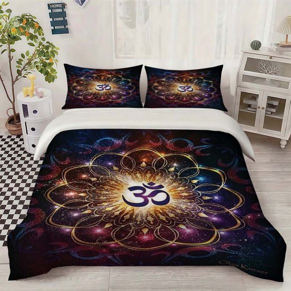 Holy Om Symbol with Golden Mandala Cosmic Art Pattern Set Soft and Comfortable Bedding Set