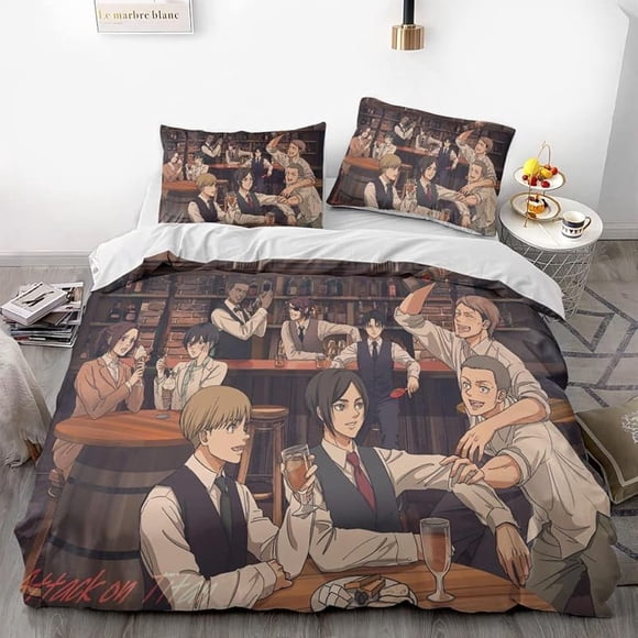 At-tack -on Gia-nt Anime Soft- -3D Prin-ted Du-vet Cove-r Bedding Se-t with Comforte-r Cover 3- Piece Set