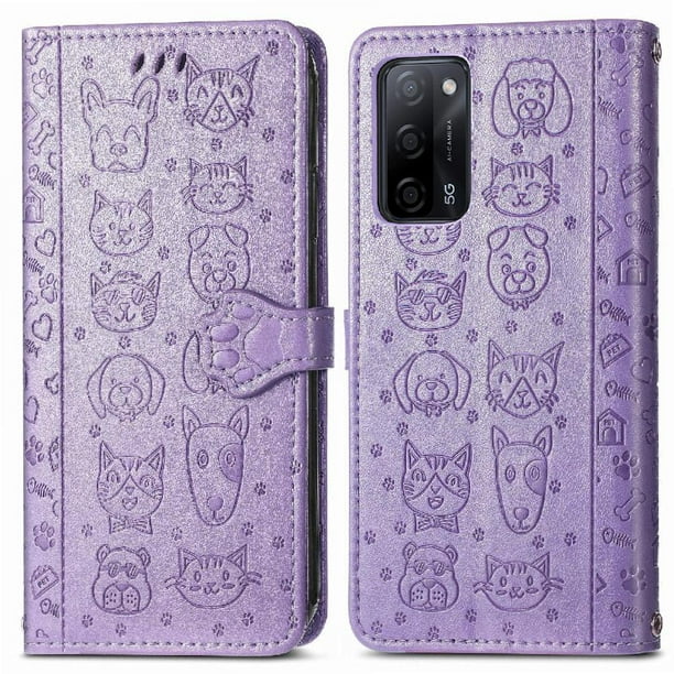 Funda Cartera FOXDOCK para OPPO A55 5G , Flip PU con Relieve de Gatos y Perros, Tarjetero y Soporte