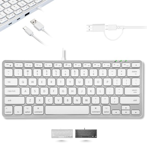 Teclado Macally USB‑C + A de 78 teclas, acabado plateado con hub USB