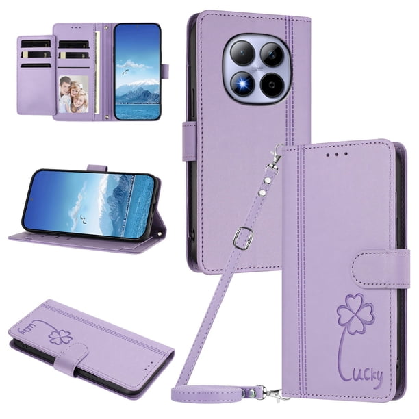 Funda Cartera Trébol para Xiaomi Poco M8 Pro 5G con Ranuras Tarjetas y Carga Inalámbrica Morado claro