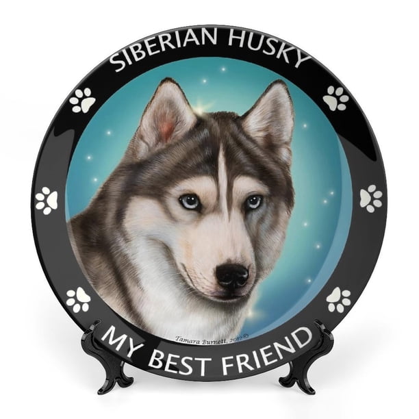 Husky siberiano Plato decorativo de porcelana fina (bone china), plato decorativo de cerámica para hogar, oficina, soporte de pared, platos decorativos para dormitorio - 6 pulgadas (15 cm)