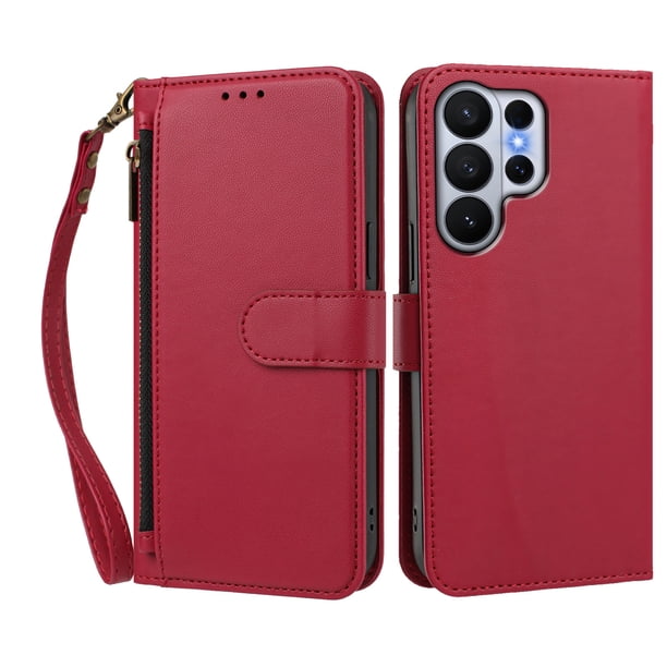 Funda Tipo Billetera para samsung galaxy S26 Ultra con Soporte y Bolsillo con Cierre Rojo