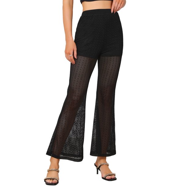 INSPIRE CHIC Pantalones de Malla Transparente para Mujer de Cintura Alta Elegantes Acampanados Sexy Góticos Largos XS Negro