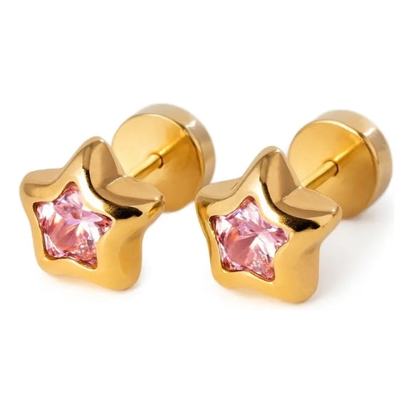 Aros Abridores Estrella 5 Puntas 7mm Oro 18k Rosado Mujer Rosa Claro