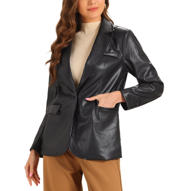 INSPIRE CHIC Chaqueta de Mujer Blazer de Cuero Sintético Cuello con Solapa PU Chaquetas de Motociclista S Negro