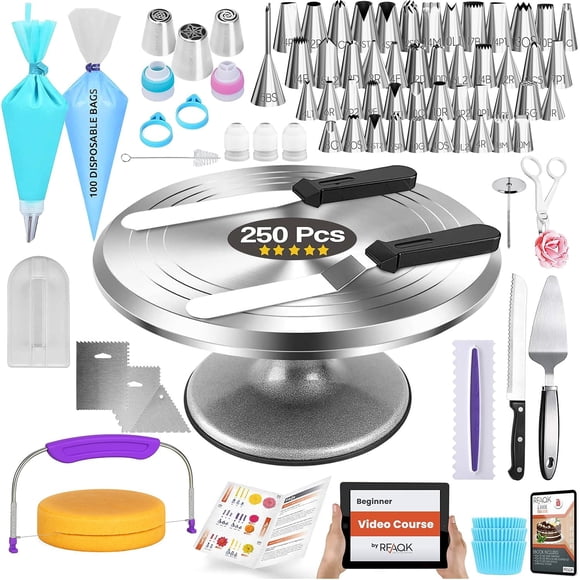 Kit de herramientas para decoración de tartas RFAQK, 250 piezas con plato giratorio y cuchillo