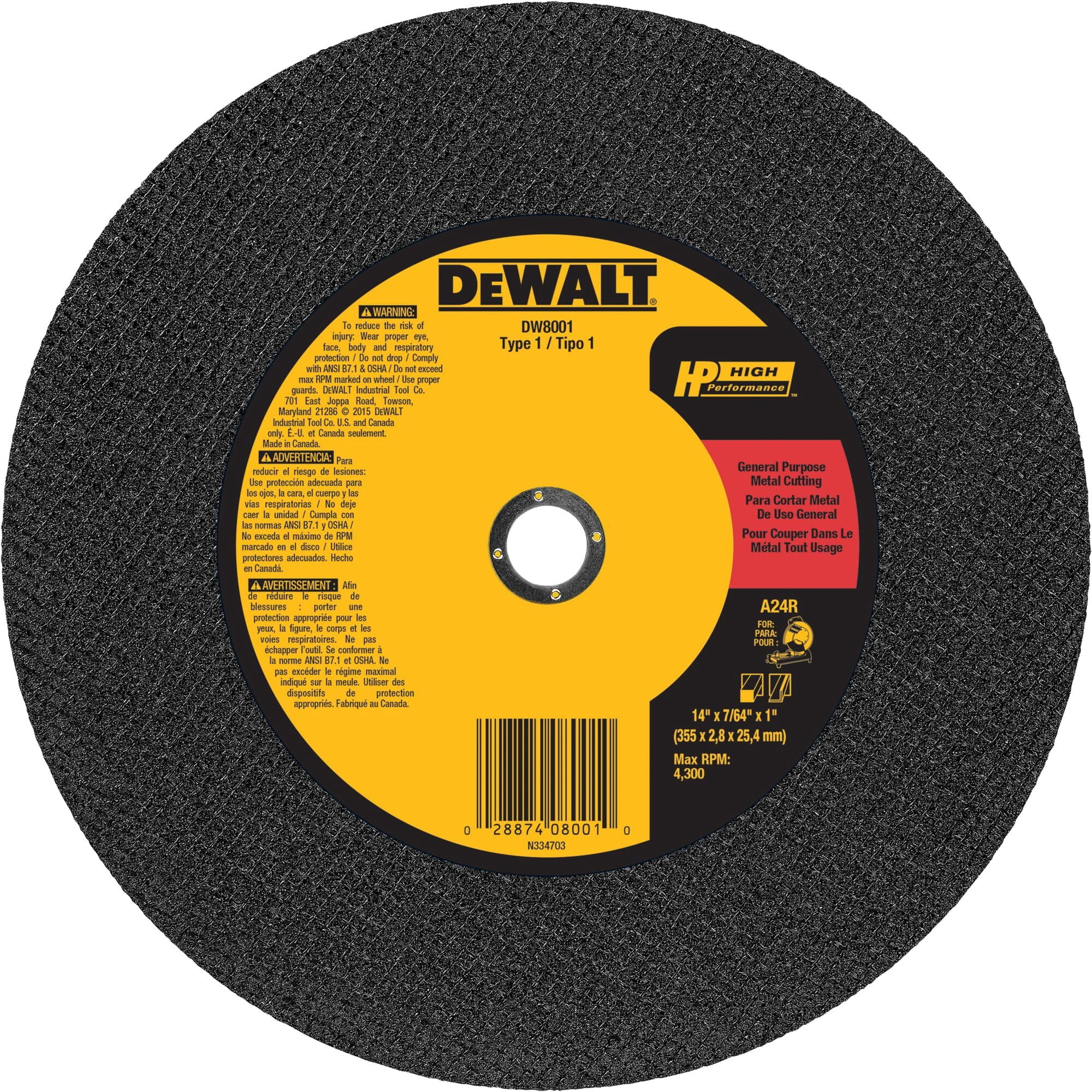 Disco De Corte Metálico Dewalt Dw8001 De 14 Pulgadas