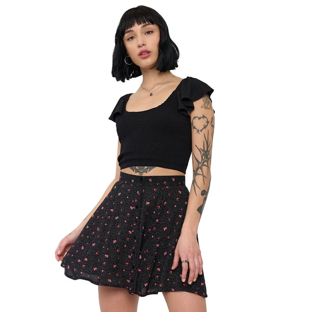 Falda Mujer Cintura Botones Negro Mini Print Corona