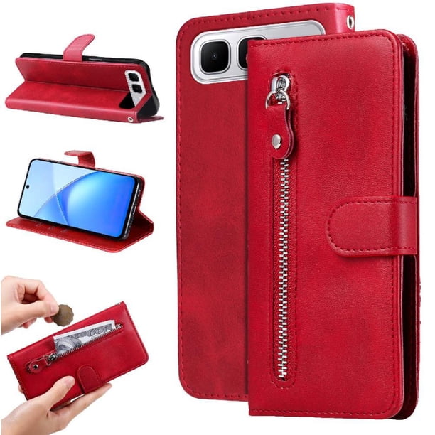 Funda tipo cartera para Infinix Smart10 Plus con bolsillo con cremallera y ranuras para tarjetas – Función de soporte Rojo