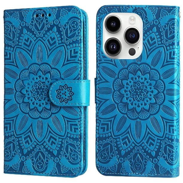 Funda tipo cartera FOXDOCK para iPhone 15 Pro , diseño girasol en relieve, cuero PU, cierre magnético, soporte y tarjetero