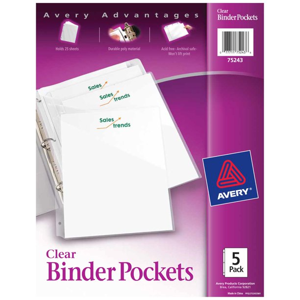 Binder Pockets Avery para carpetas de 3 anillas, 8,5 x 11 pulgadas, transparentes, 15 unidades