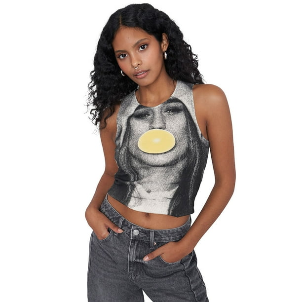 Polera Mujer Sin Mangas Print Rostro Negro Corona