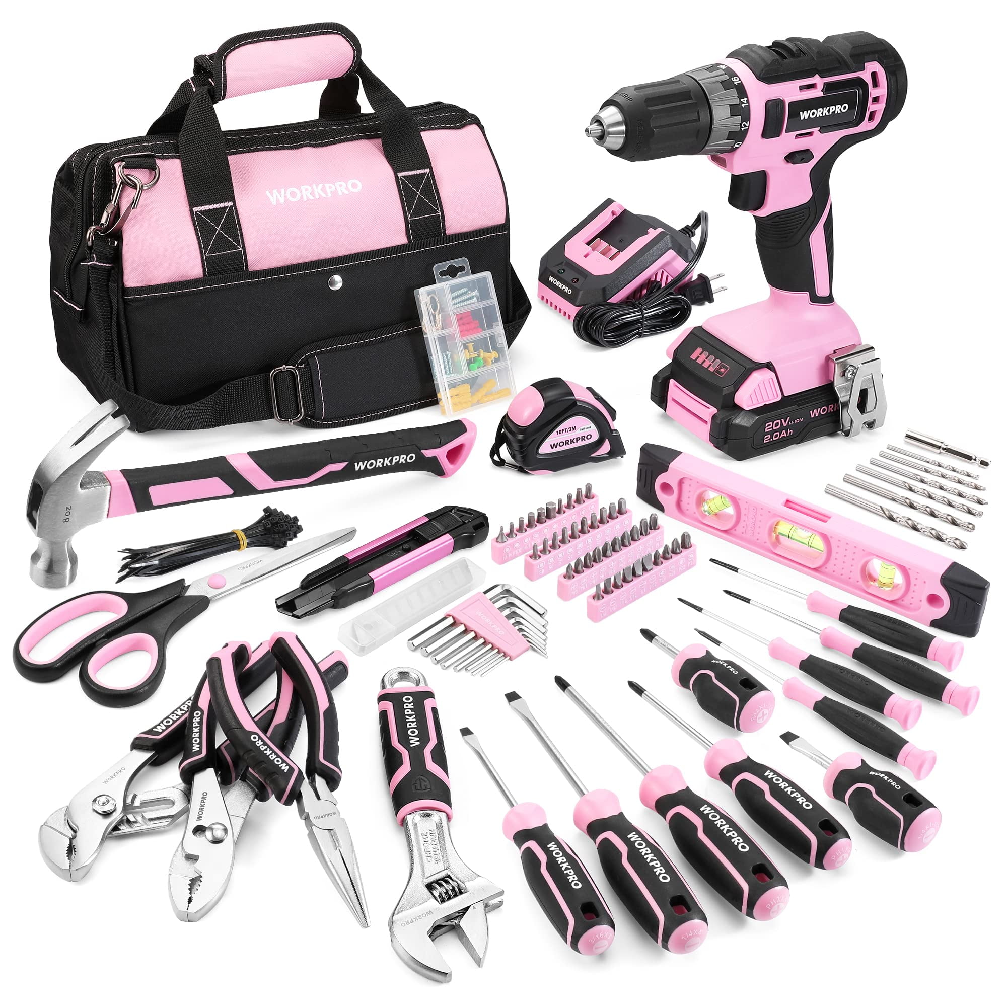 Kit De Herramientas Workpro Pink Con Taladro Inalámbrico De 20 V, 157 Unidades, Más Bolsa