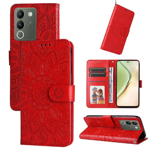 Funda tipo cartera FOXDOCK para Vivo V29E , diseño girasol en relieve, cuero PU, cierre magnético, soporte y tarjetero