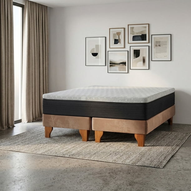 Cama Europea New Top Colchon Resortes 23 Cm 2 Plazas Base Dividida Tela Velvet Beige