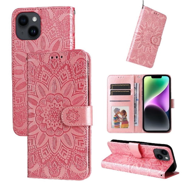 Funda tipo cartera FOXDOCK para iPhone 14 , diseño girasol en relieve, cuero PU, cierre magnético, soporte y tarjetero