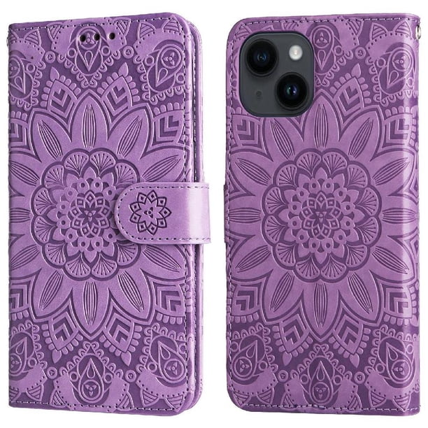 Funda tipo cartera FOXDOCK para iPhone 14 , diseño girasol en relieve, cuero PU, cierre magnético, soporte y tarjetero
