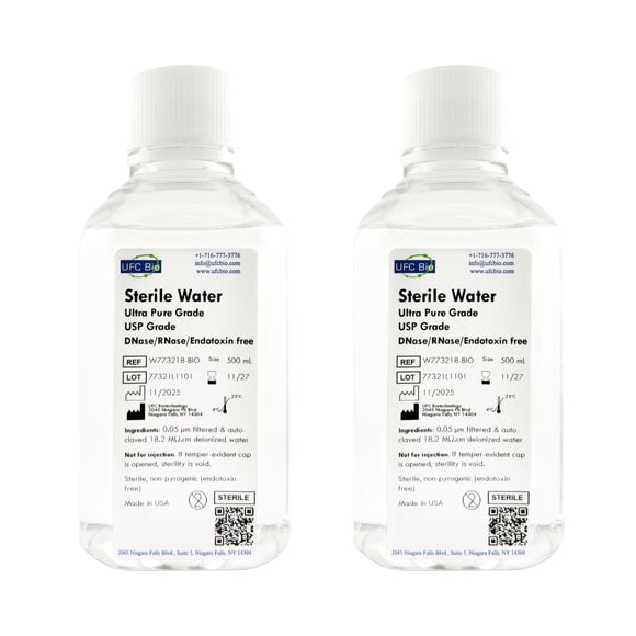 Agua Estéril - Ultra Pura Grado USP - Libre de RNasa/DNasa/Endotoxinas, Agua Desionizada Estéril 18.2 Mega Ohm-cm - 500 ml x2 (1000 ml total)