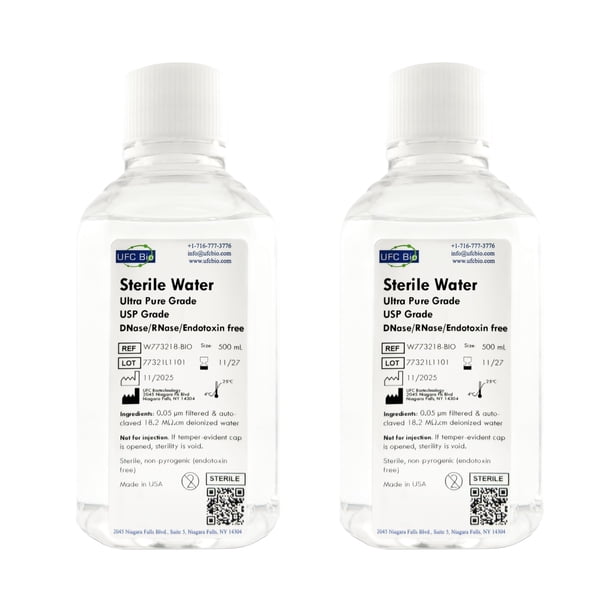 Agua Estéril - Ultra Pura Grado USP - Libre de RNasa/DNasa/Endotoxinas, Agua Desionizada Estéril 18.2 Mega Ohm-cm - 500 ml x2 (1000 ml total)