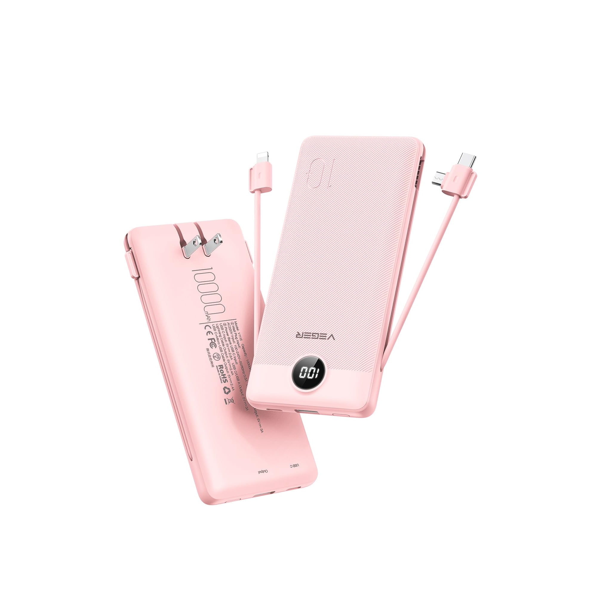 Cargador Portátil Veger De 10000 Mah Con Cables Y Enchufe Integrados