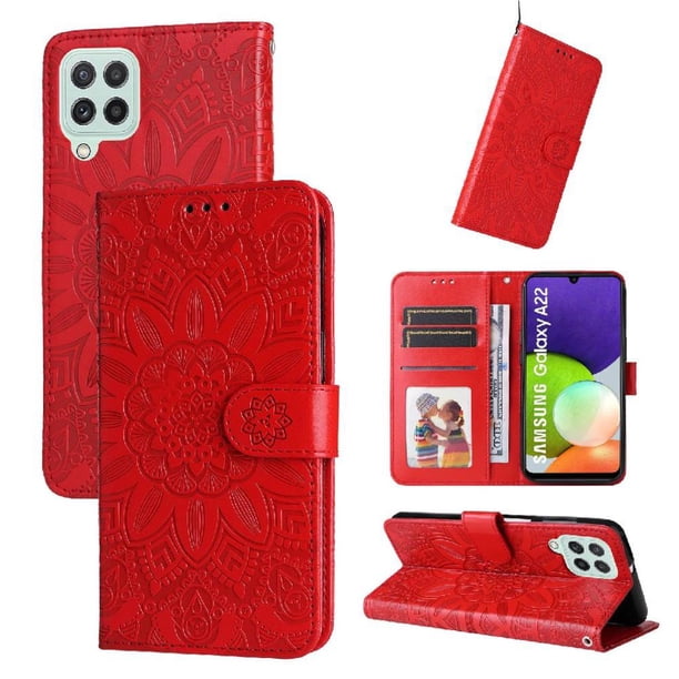 Funda tipo cartera FOXDOCK para Samsung Galaxy M22 4G , diseño girasol en relieve, cuero PU, cierre magnético, soporte y tarjetero