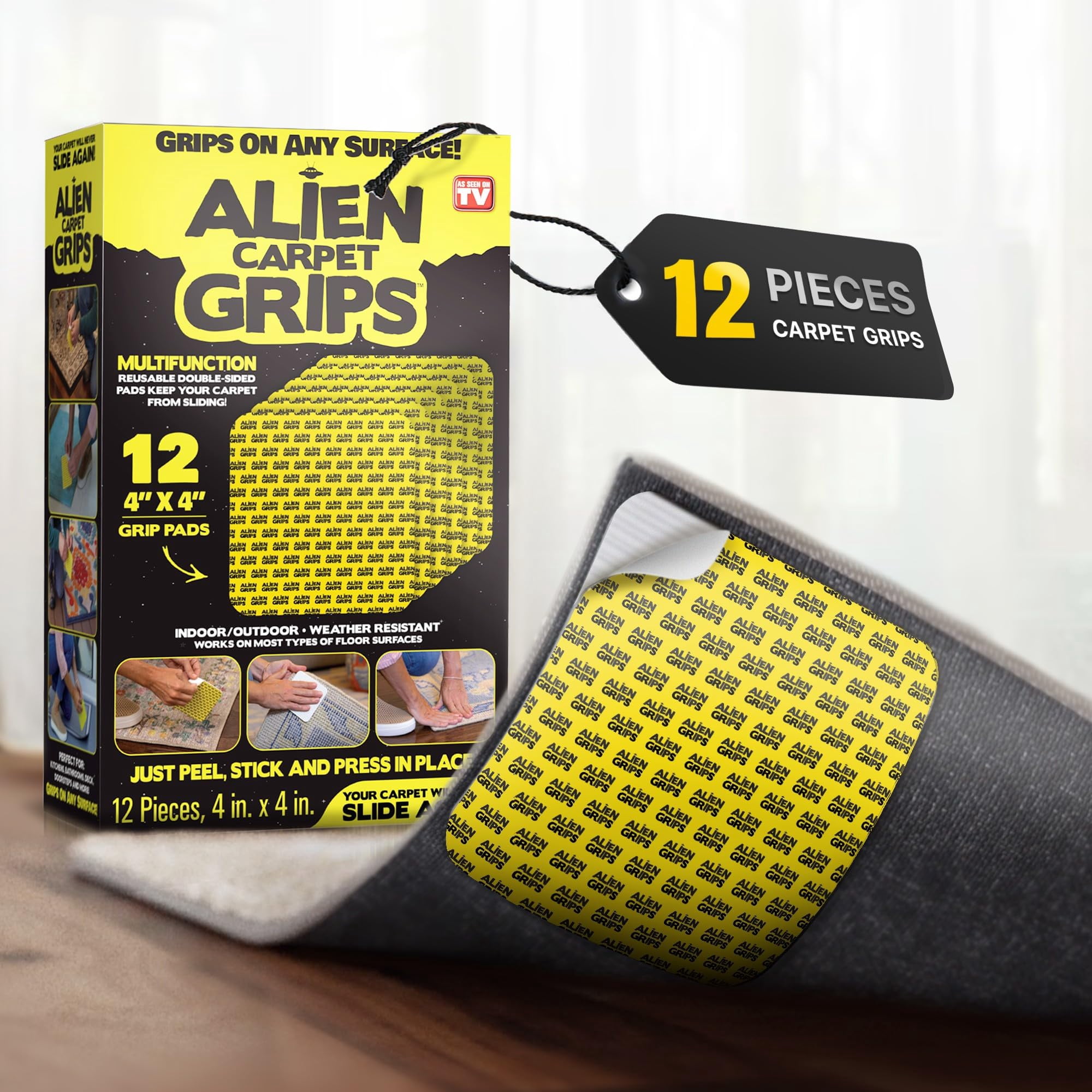 Alien Tape - Cinta Adhesiva Para Alfombras Rug Gripper Alien Grip, 12 Unidades, 10 X 10 Cm, Antideslizante