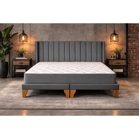 Cama Europea 2 Plazas Colchón Híbrido Bonnell Base Dividida Respaldo Lineal Gris