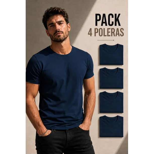 Pack 4 Poleras Basicas Cuello Redondo 100% Algodon 200g Azul Marino L Lisa