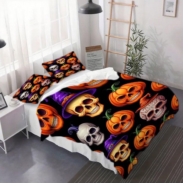 3pcs Spooky Skull And Pumpkin Duvet Cover Set - Bed Set with Printed Patterns Includes Duvet Cover And Pillowcases - Suitable for Bedrooms