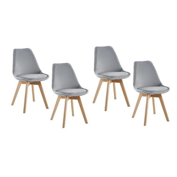Pack 4 Sillas De Comedor Tulip Tapizado Terciopelo O Felpa Con Base Madera - Gris