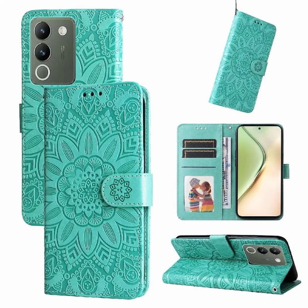 Funda tipo cartera FOXDOCK para Vivo V29E , diseño girasol en relieve, cuero PU, cierre magnético, soporte y tarjetero