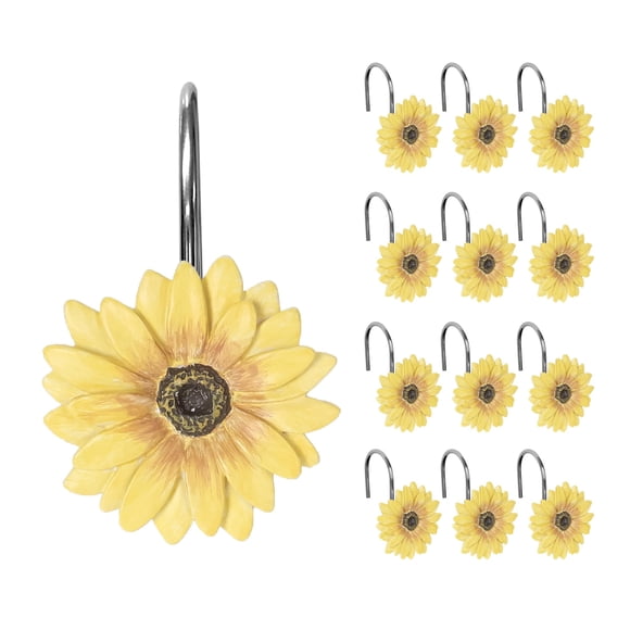 Juego de 12 ganchos para cortinas de ducha de resina de girasol amarillo iluminado por el sol