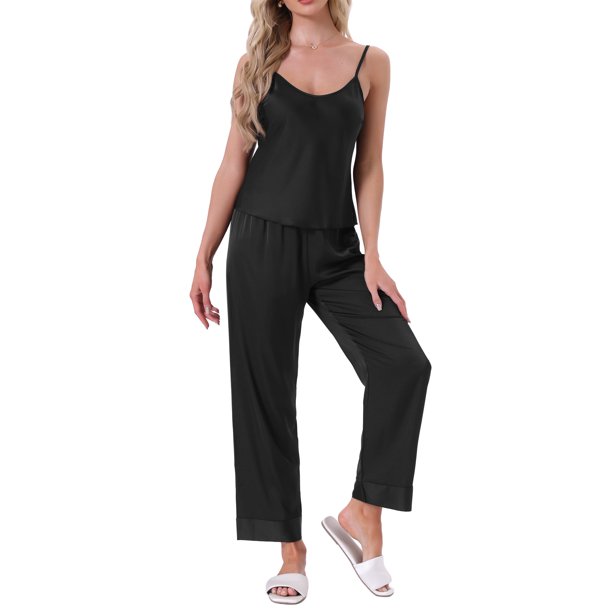 INSPIRE CHIC Conjunto de Ropa de Dormir de Satén para Mujeres 2 Piezas Cami Espagueti Sin Mangas Conjunto de Pijamas Sedosos con Pantalones Largos L Negro