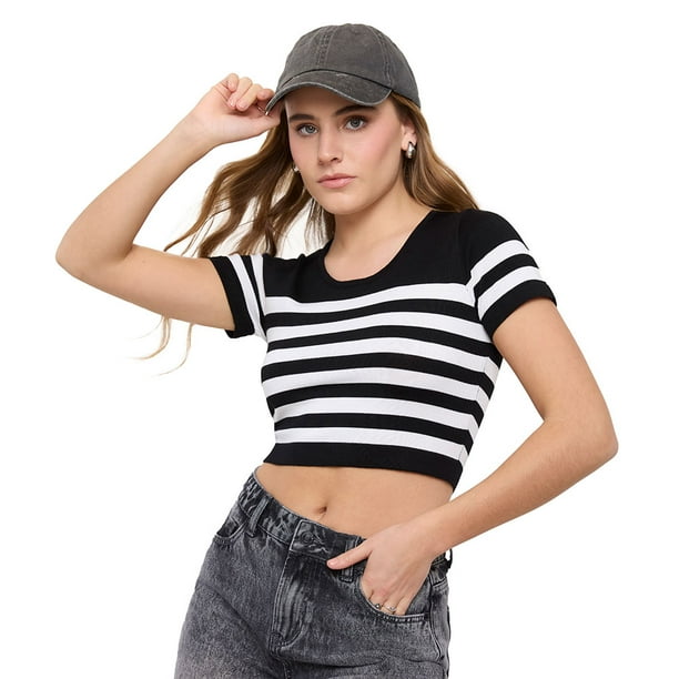 Polera Mujer M/C Cuello Redondo Negro Rayas Corona