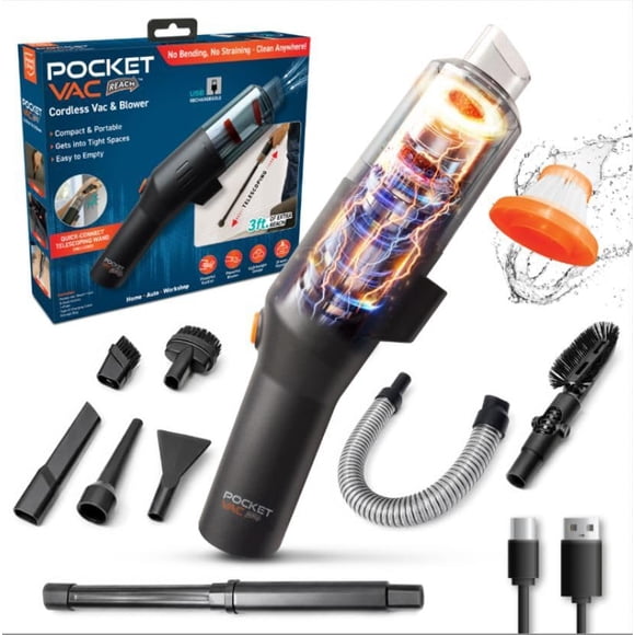 Aspiradora de mano Pocket Vac Reach inalámbrica con varilla extensible de 3 pies y 8 accesorios