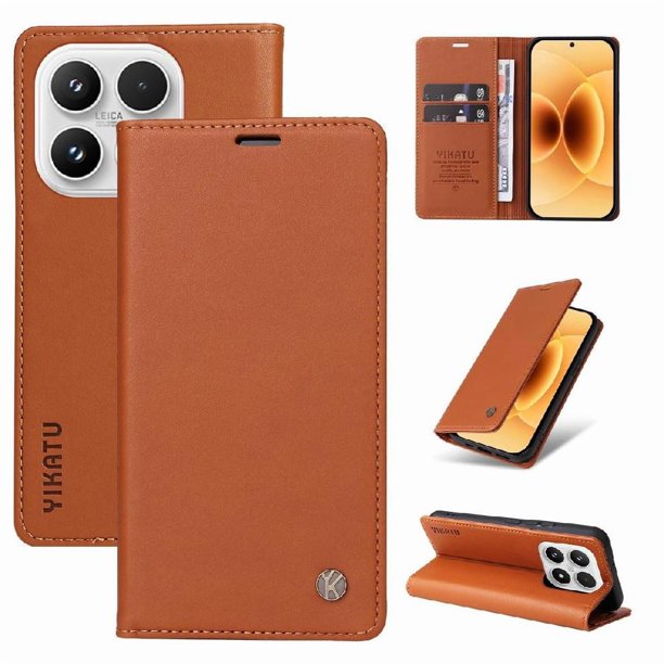 Funda Billetera de Cuero para Xiaomi 17 con Tarjetero y Soporte - Tapa Magnética Marrón