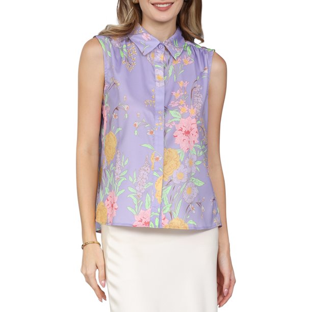 INSPIRE CHIC Blusa Floral sin Mangas para Mujer con Botones Camisa Casual de Verano 2XL Púrpura Claro